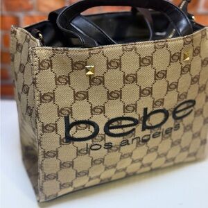 bebe Beige and Black Logo Tote
